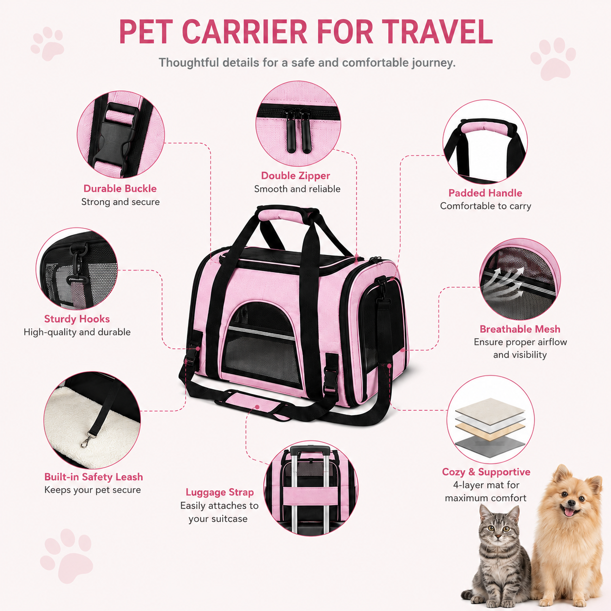 Soft Pet Carrier Bag for Cats and Dogs with Travel Mat Foldable Portable Design - Pink