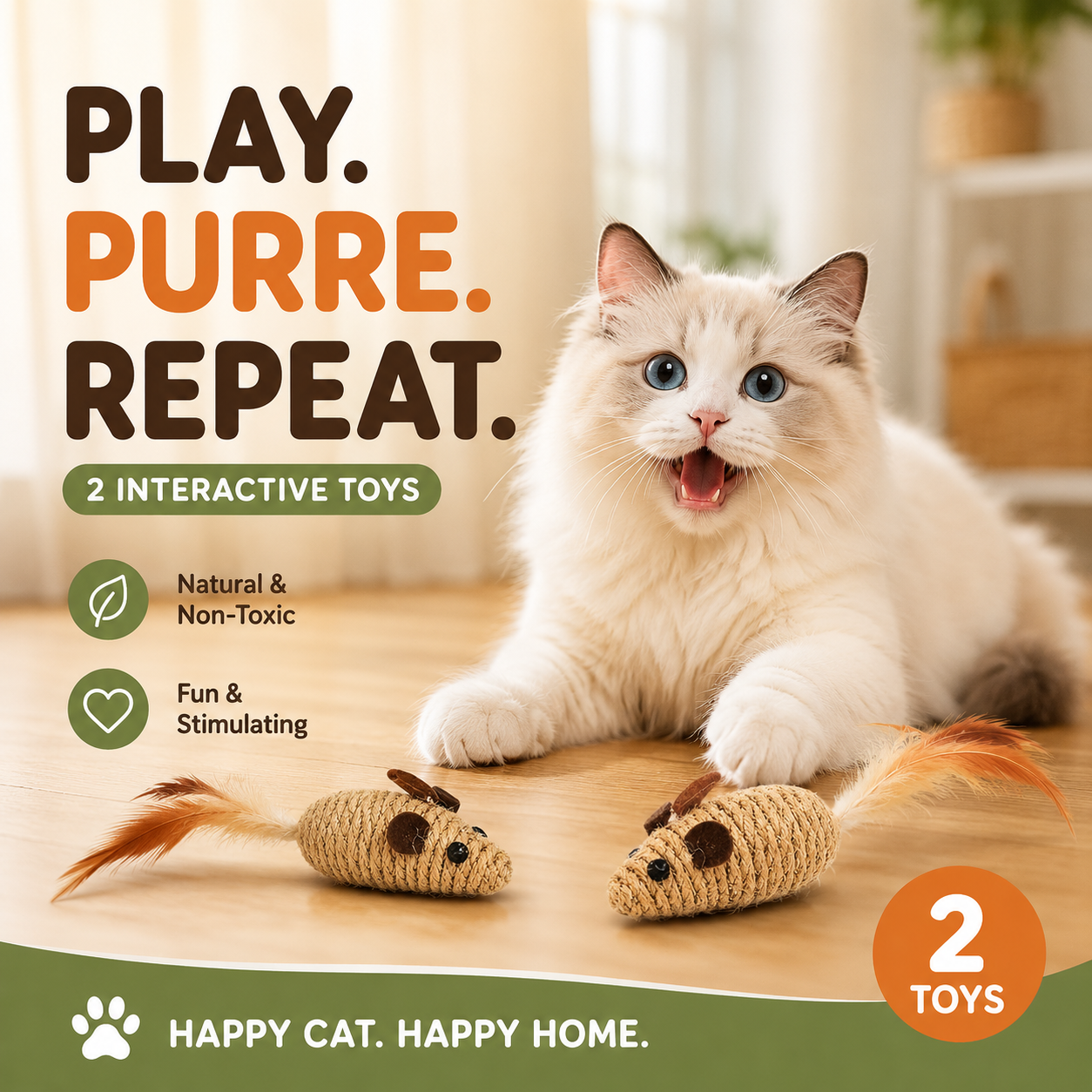 2 Pack Sisal Mouse Cat Toy Interactive Plush Mice Toy for Cats and Kittens