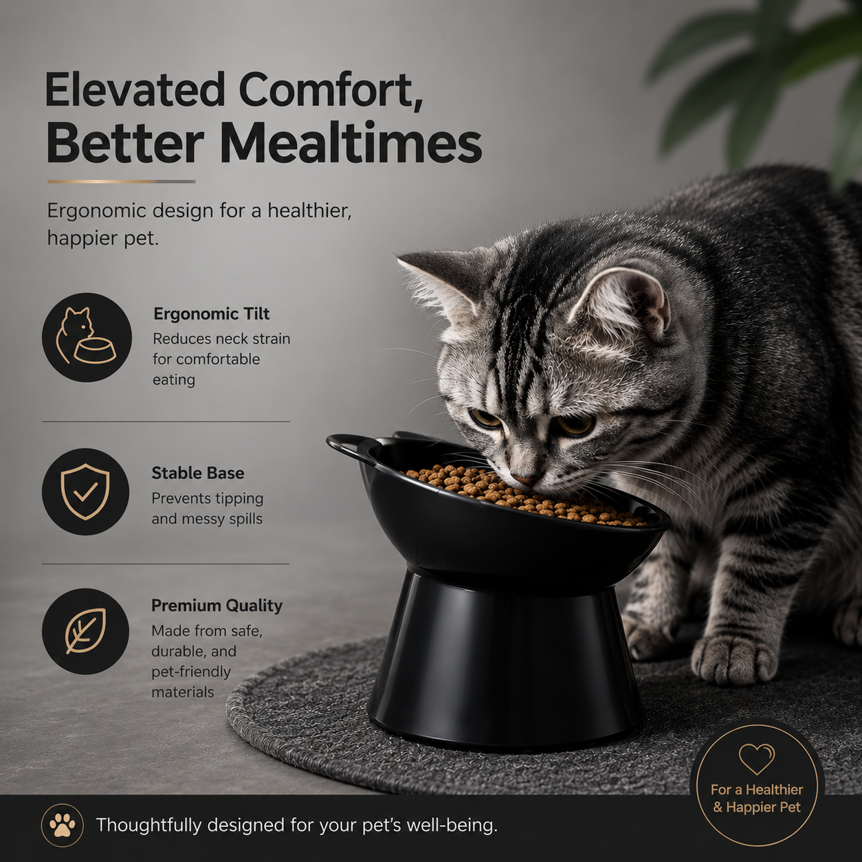 Elevated Pet Food Bowl Anti Tip Cat Feeding Dish with Stable Base - Black