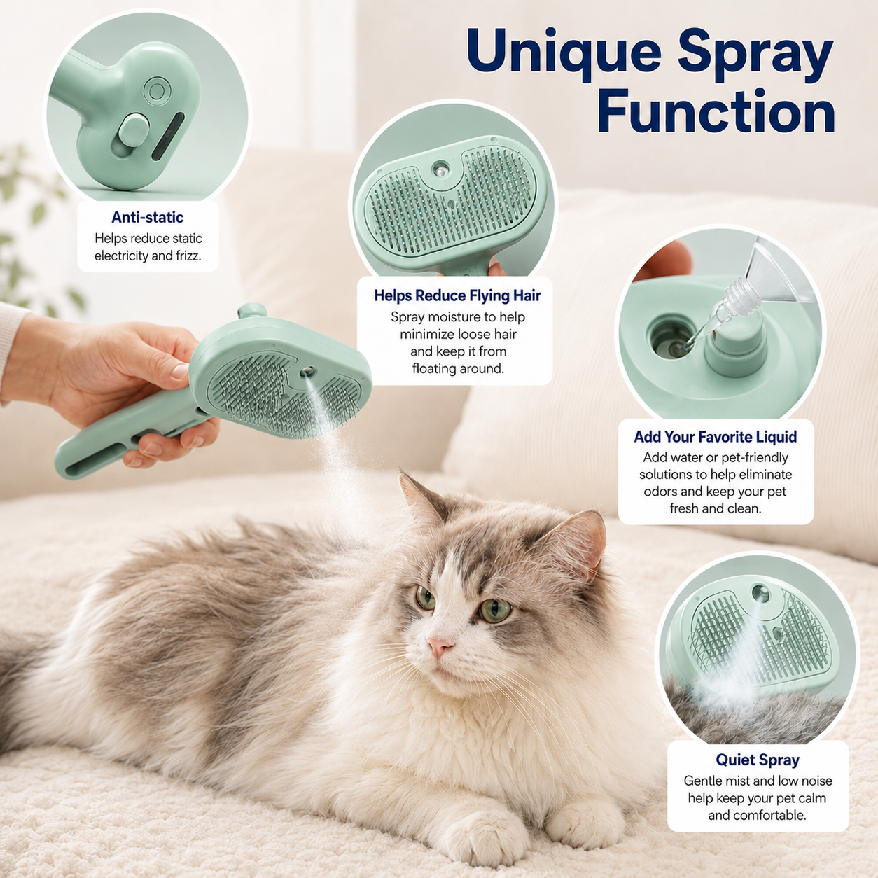 Portable Pet Grooming Brush with Mist Spray Function for Dogs and Cats - Mint Green