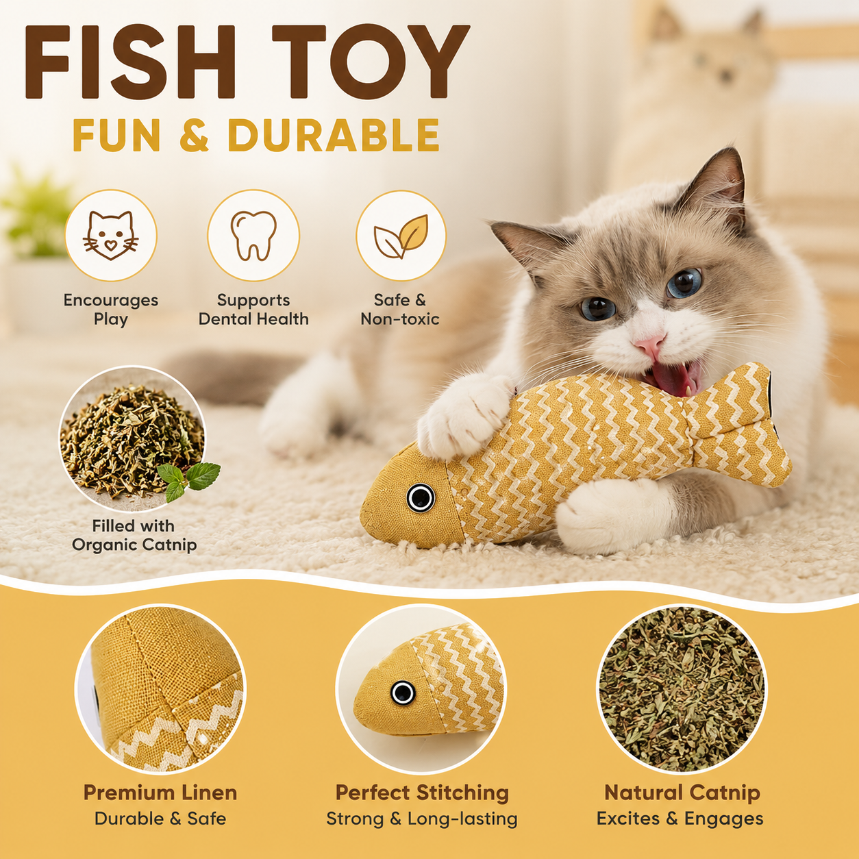 Fish Shaped with Catnip Soft Linen Interactive Pet Toy - Yellow