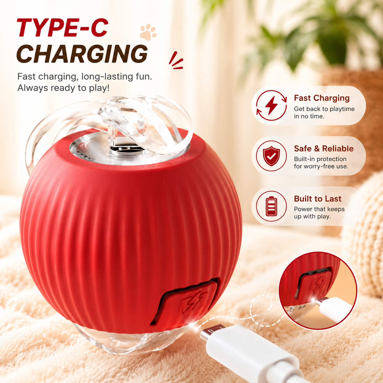 Interactive Automatic Cat Ball Toy with Teaser Stick - Red