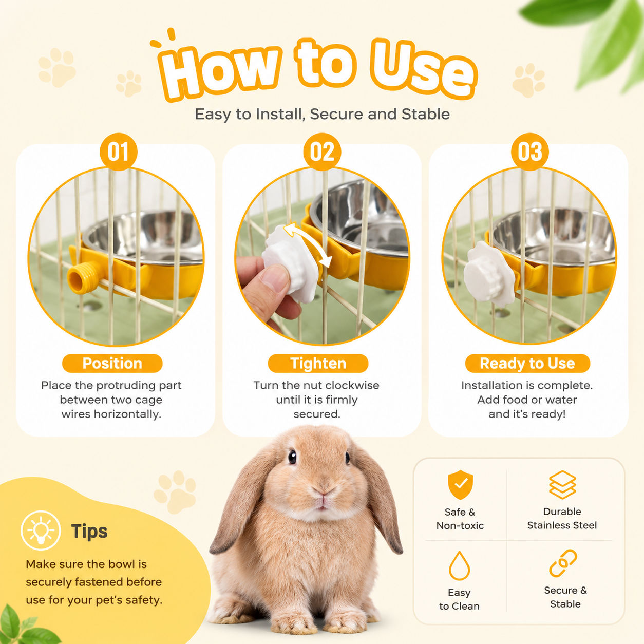 Pet Hanging Food Bowl Pumpkin Shaped Stainless Steel Feeding Dish for Rabbits Hamsters Birds and Cats - Yellow