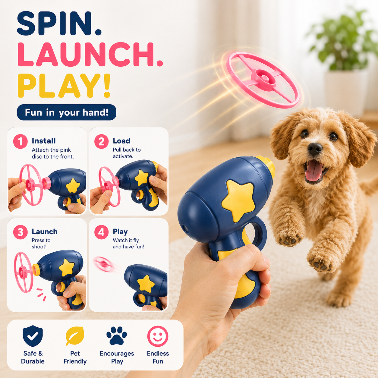 Interactive Flying Disc Cat Toy Launcher with 5 Mini Flying Discs Pet Chasing Game for Cats - Dark Blue
