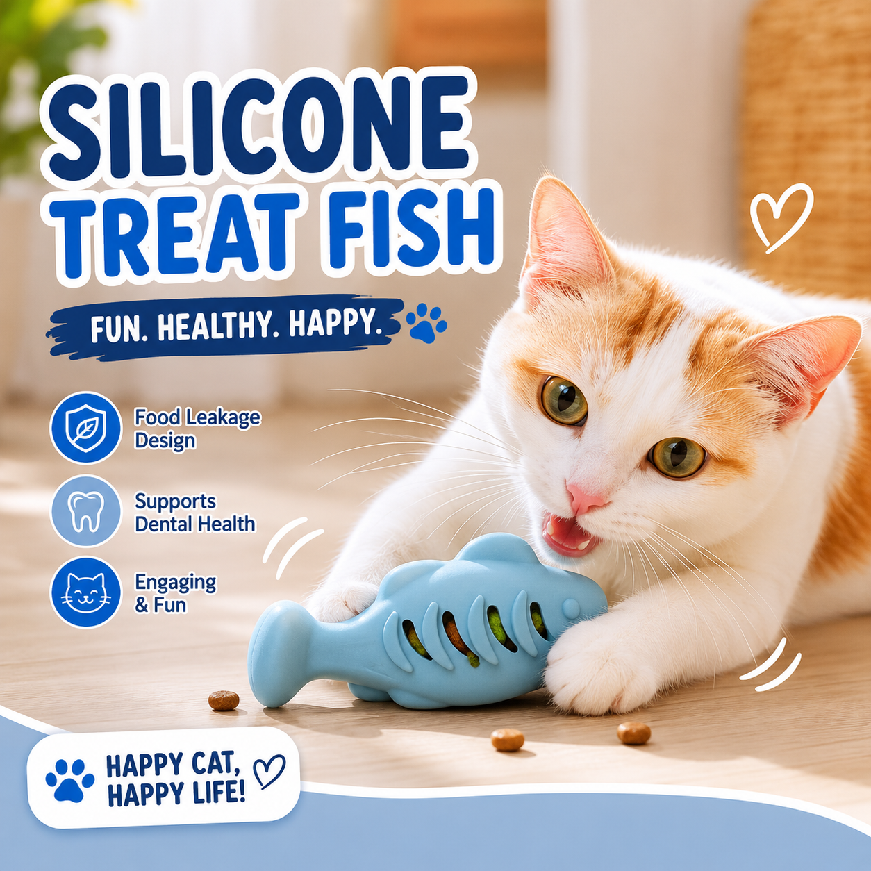 Blue Fish Treat Dispensing Silicone Interactive Food Toy for Cats