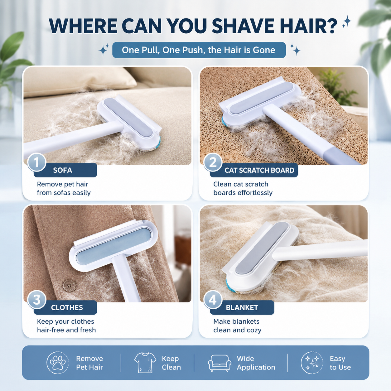 3 in 1 Pet Hair Remover Brush with Long Handle Reusable Fur Lint Cleaner for Sofa Carpet and Windows