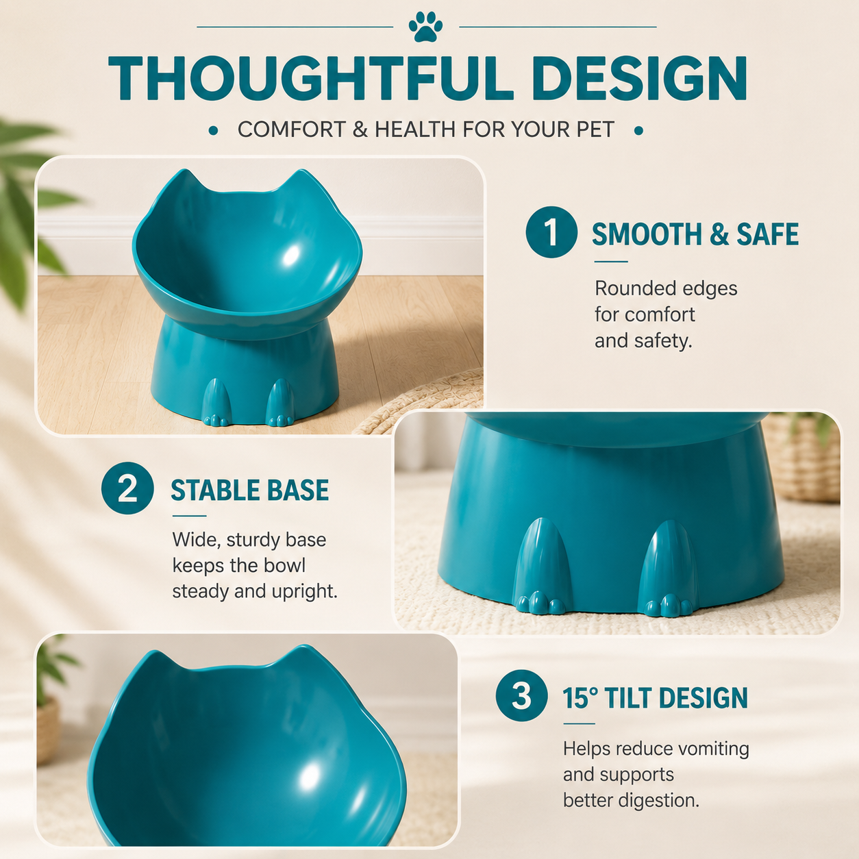Elevated Pet Feeding Bowl for Cats Anti Tip Tilted Food and Water Dish - Teal