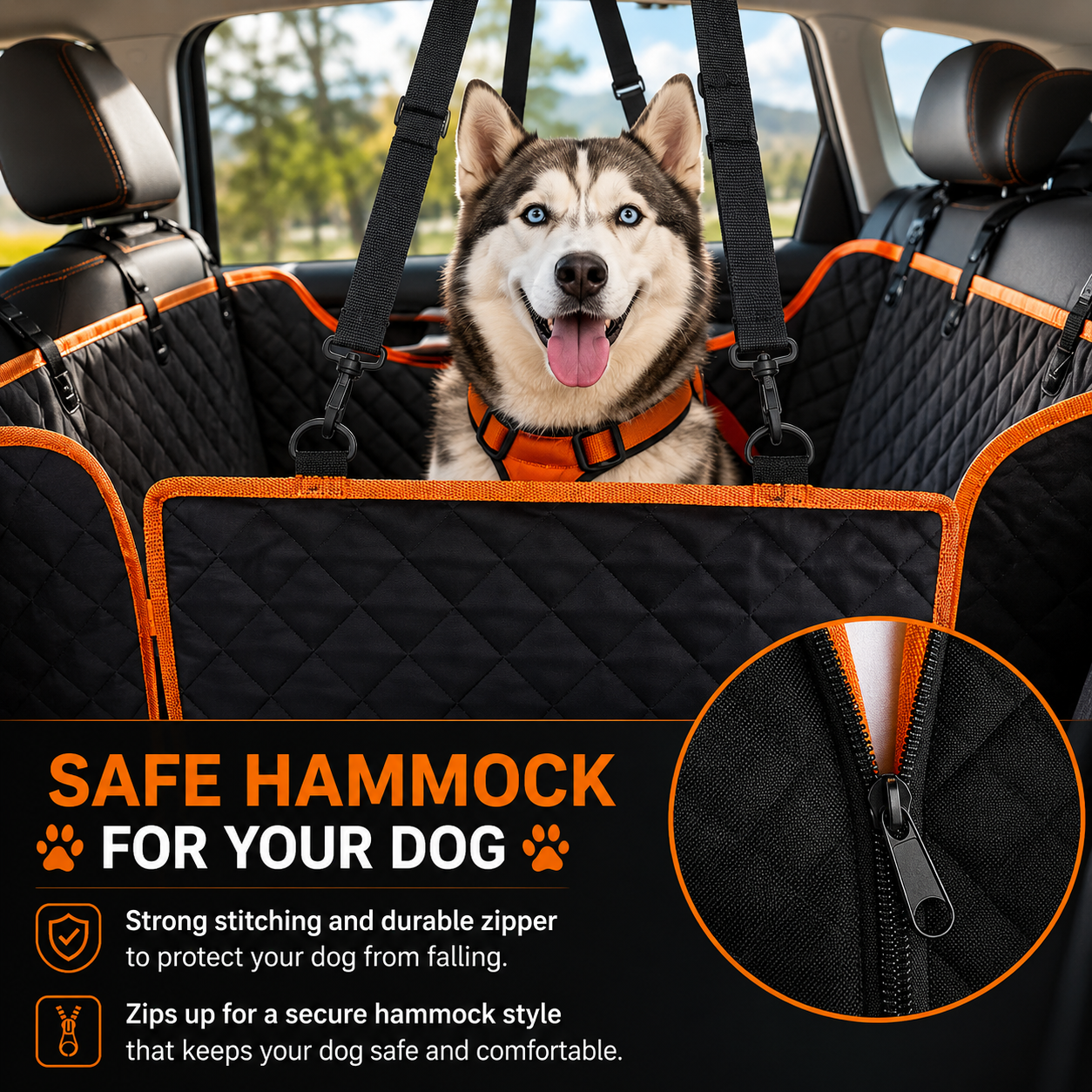 Heavy Duty Dog Car Seat Cover with Waterproof Hammock Style Back Seat Protector - Black