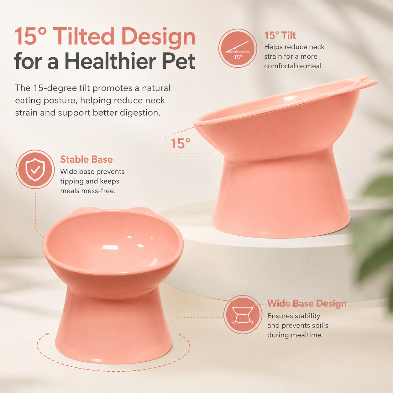 Elevated Cat Feeding Bowl Nordic Double Ear Food and Water Dish for Cats and Small Pets - Pink