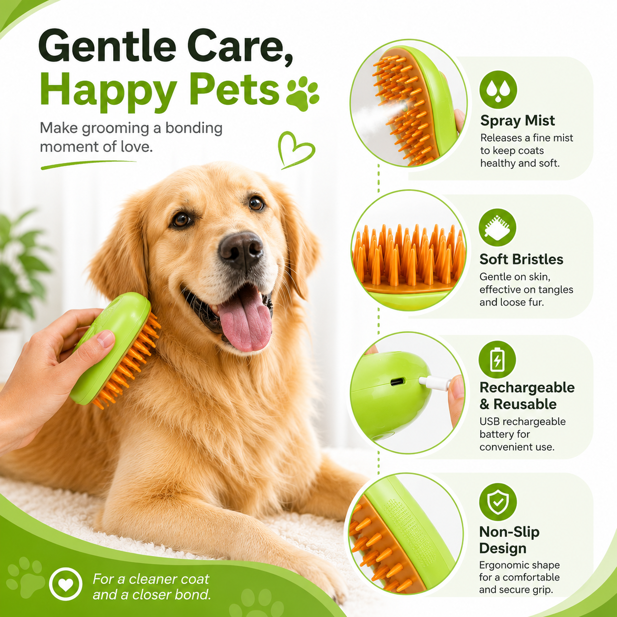 3 in 1 Pet Hair Removal Brush Grooming and Massage Comb for Cats and Dogs - Green