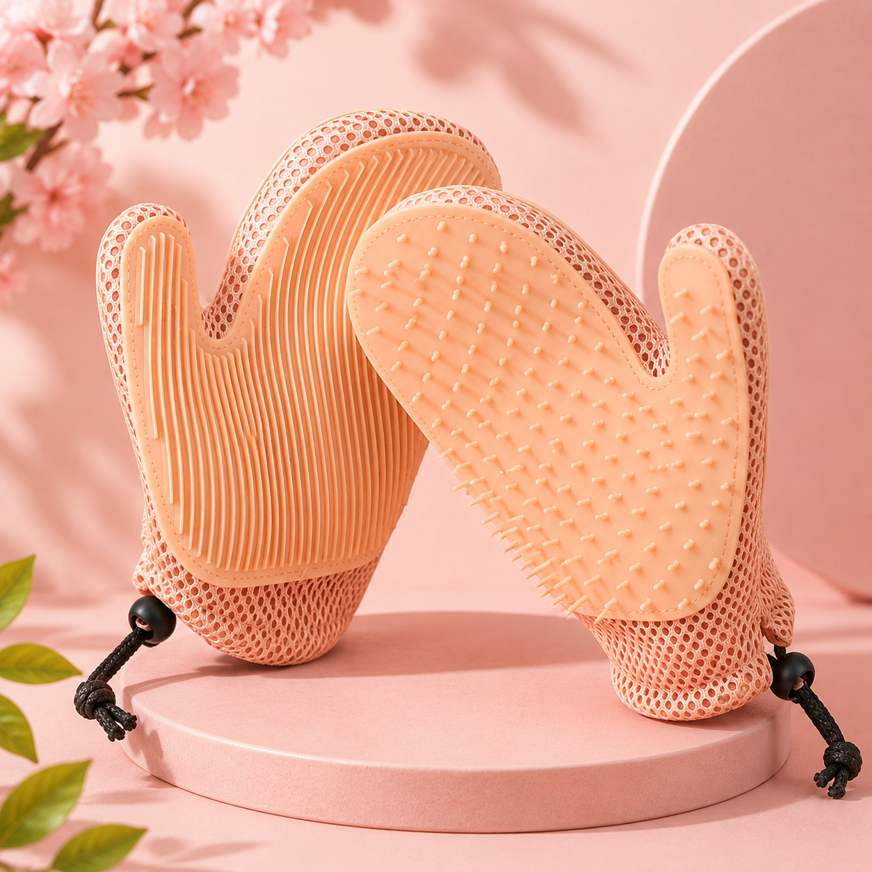 Pet Grooming Glove Double Sided Hair Remover and Massage Brush for Dogs and Cats - Peach Pink