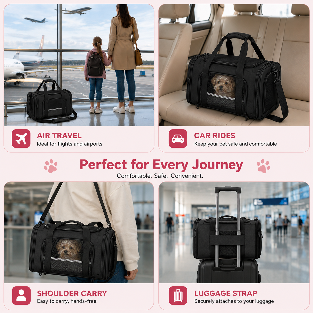 Black Portable Soft Sided Pet Carrier for Cats Dogs and Kittens with Removable Mat