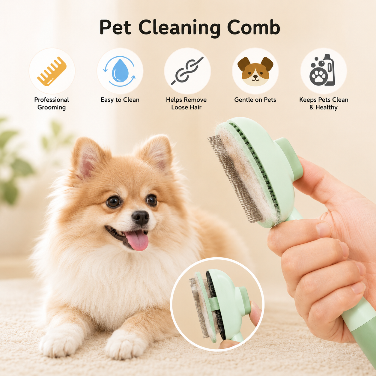 One Button Pet Grooming Brush Dog Cat Deshedding Comb with Self Cleaning Design - Green