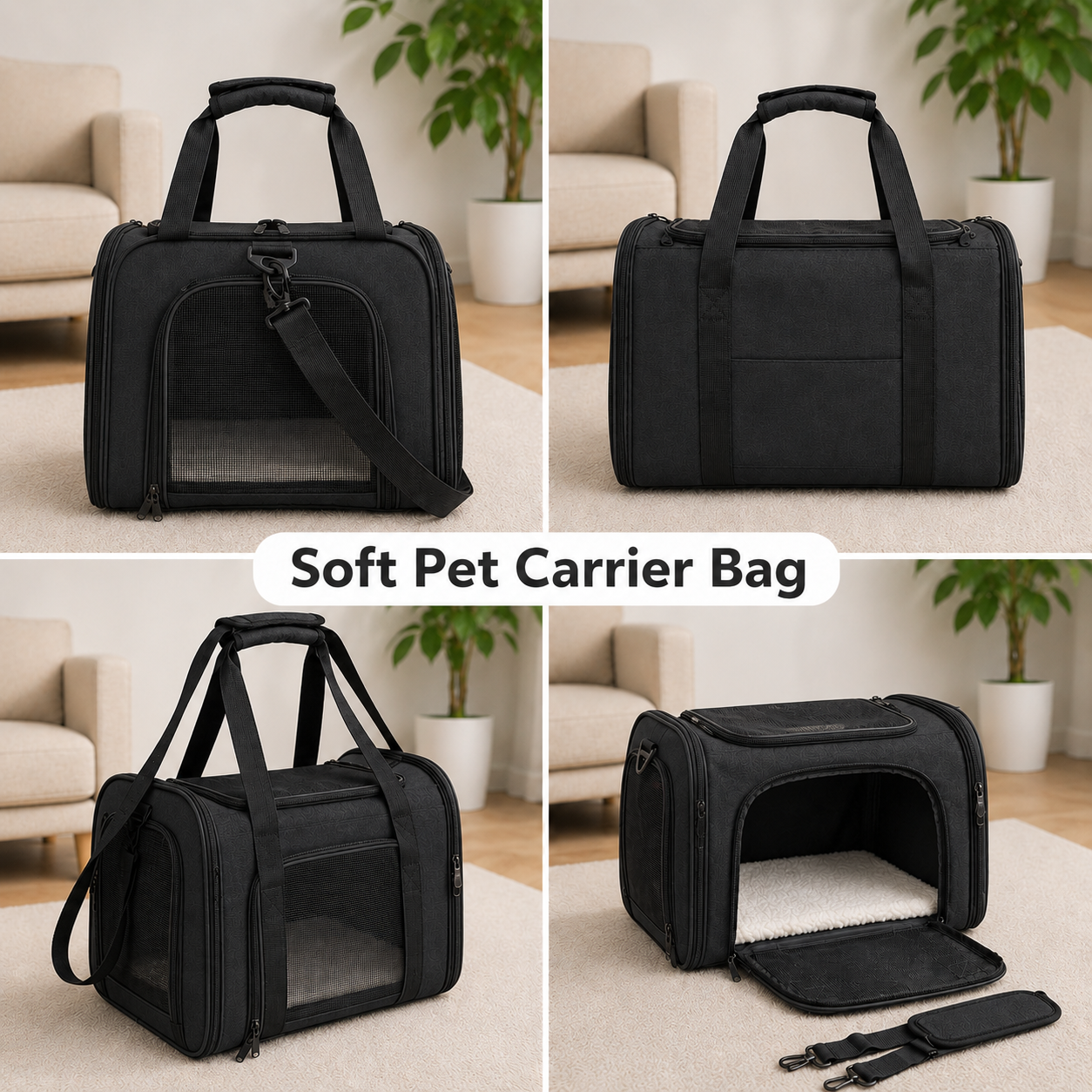 Black Portable Soft Sided Pet Carrier for Cats Dogs and Kittens with Removable Mat