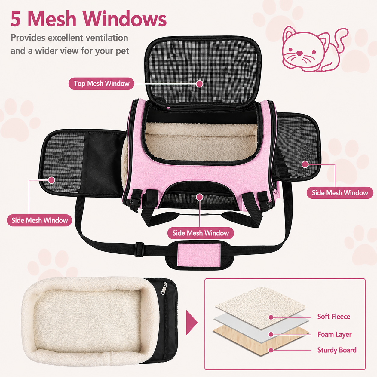 Soft Pet Carrier Bag for Cats and Dogs with Travel Mat Foldable Portable Design - Pink