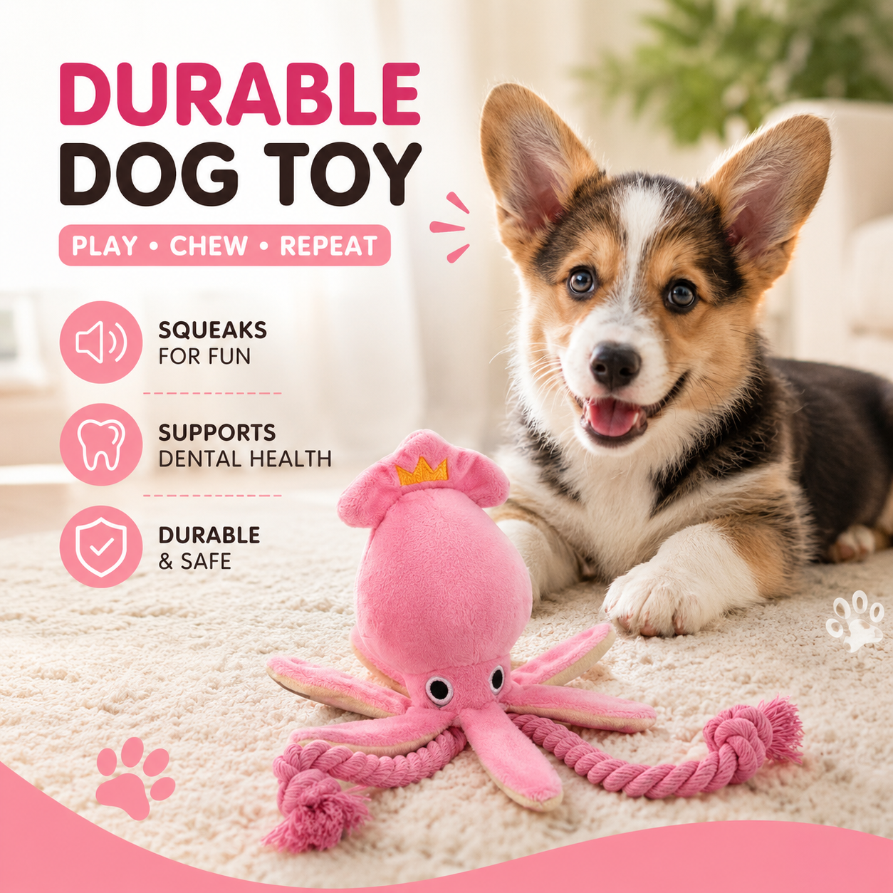 Squeaky Octopus Dog Toy with Cotton Rope Interactive Chew and Play Toy for Puppies - Pink