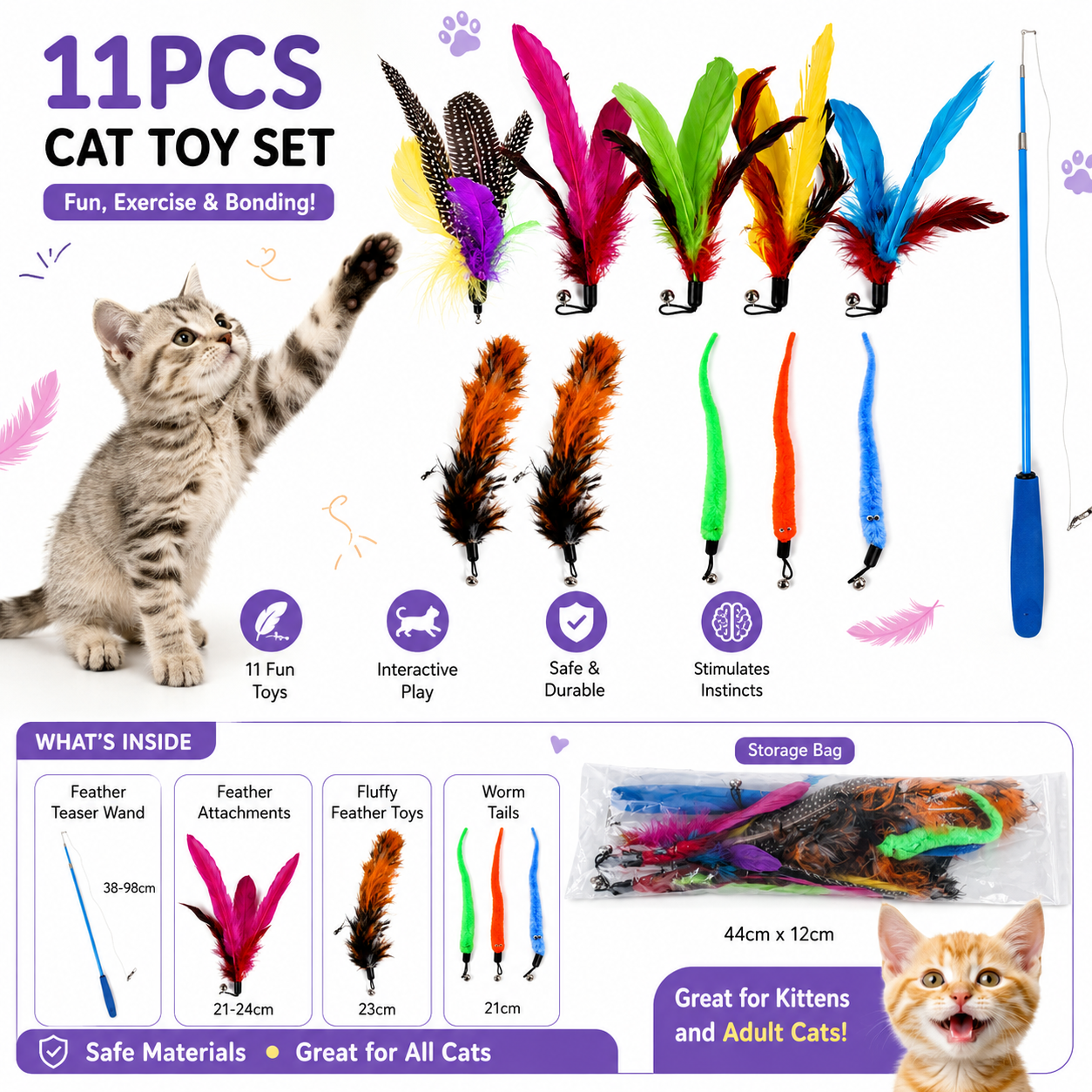 Cat Feather Toy Refill Set 11 PCS Interactive Teaser Attachments with Retractable Wand