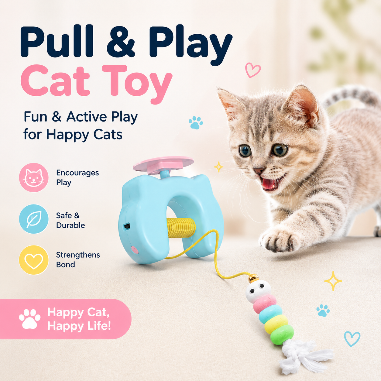 Rechargeable Electric Cat Toy Auto Moving Feather Teaser with 2 Ropes Blue