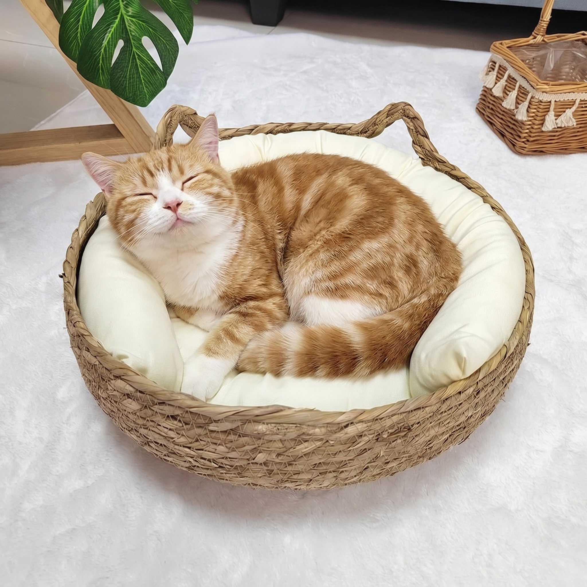 Round Woven Pet Bed with Soft Cushion for Cats and Small Dogs Indoor - Cream White