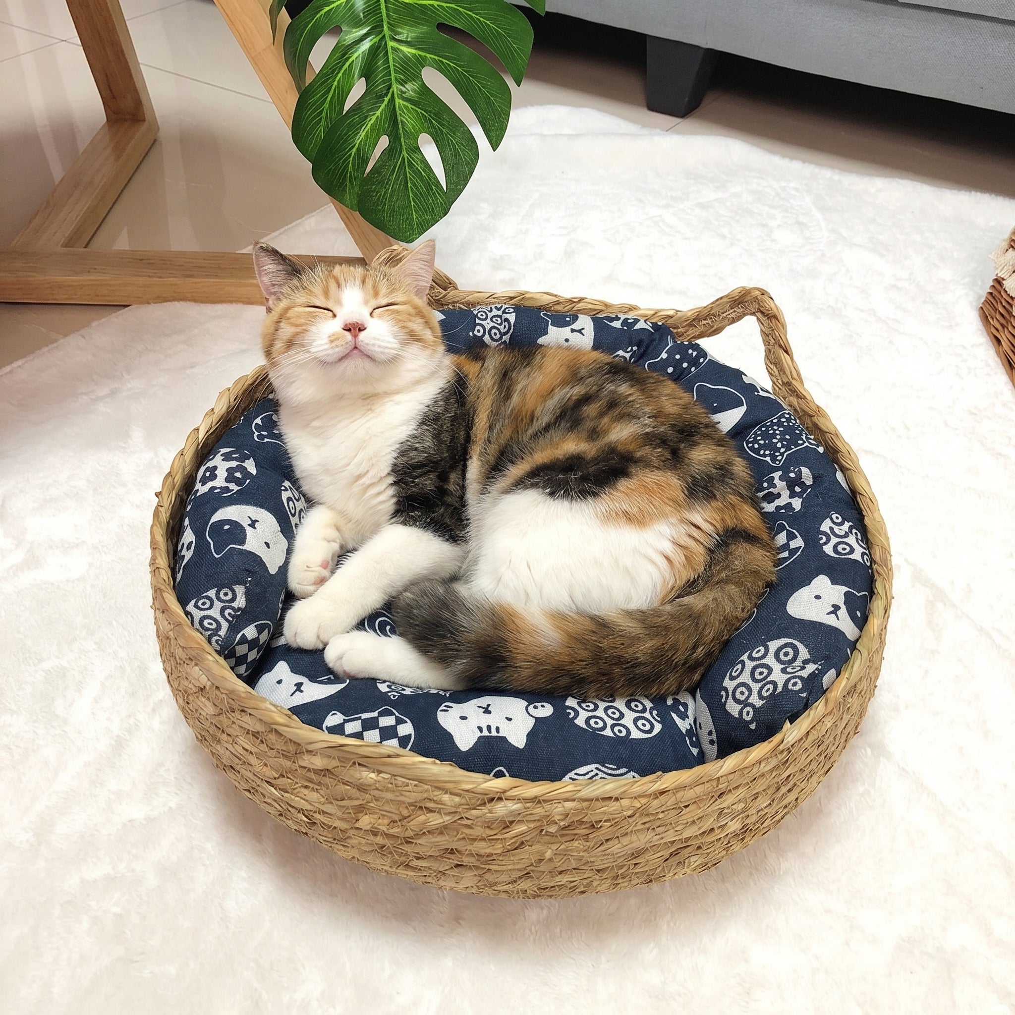 Round Woven Pet Nest with Cushion for Cats and Small Dogs Indoor Use - Navy Blue