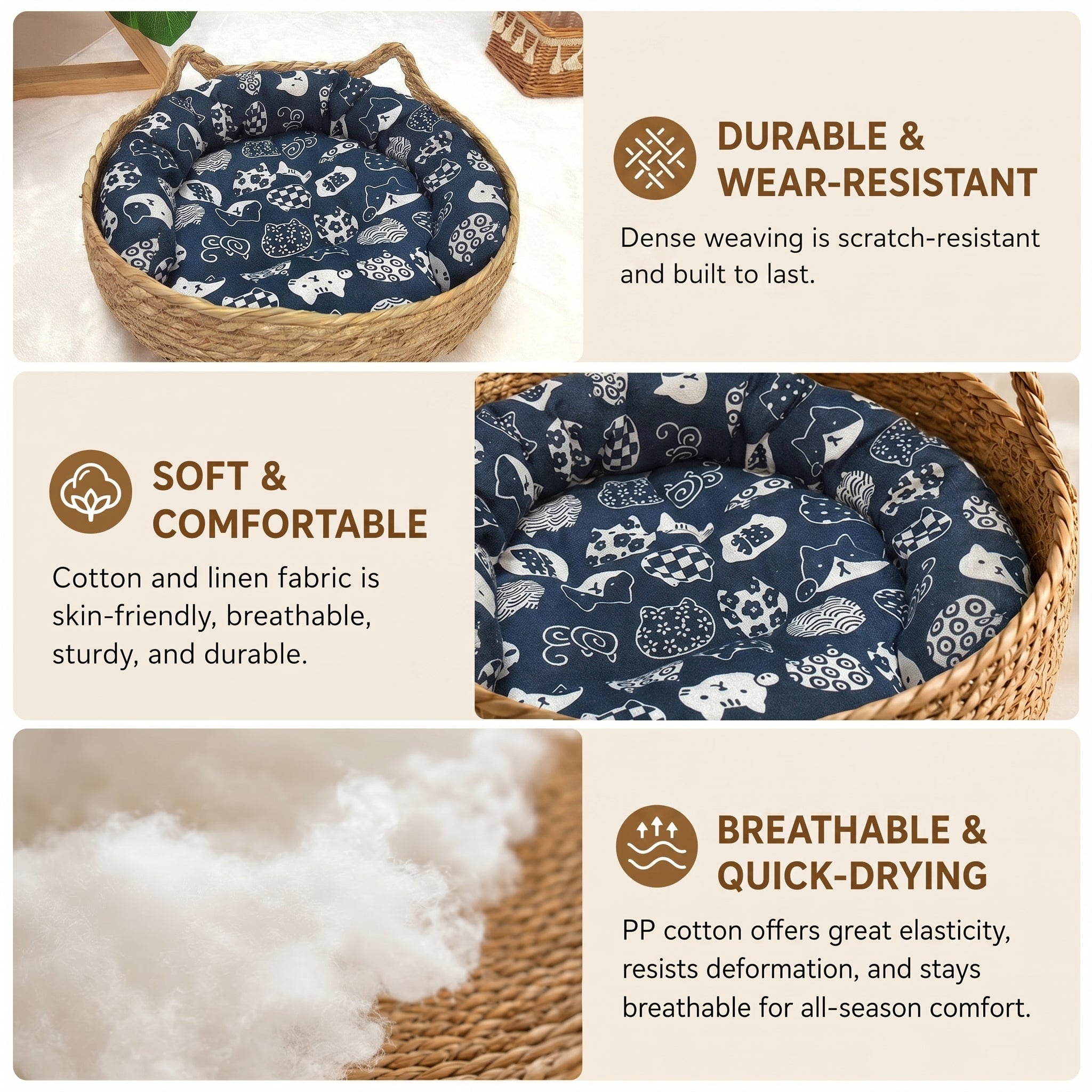 Round Woven Pet Nest with Cushion for Cats and Small Dogs Indoor Use - Navy Blue